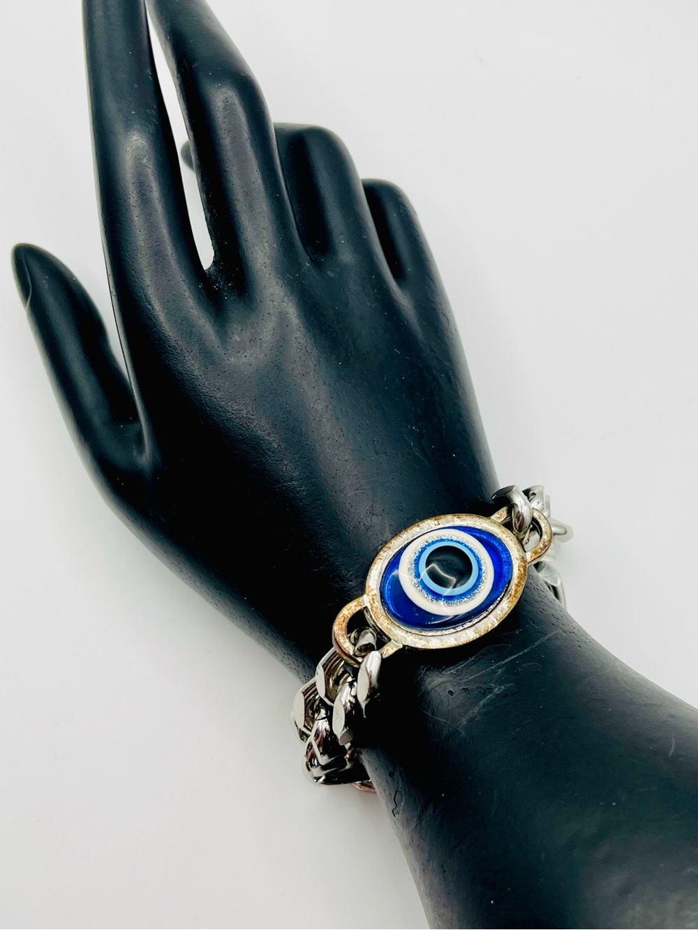Stainless Steel Evil Eye Curb Chain Bracelet Blue Nazar Protection Amulet